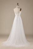 Ivory A Line V-Neck Tulle Sweep Train Wedding Dress with Lace