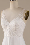 Ivory A Line V-Neck Tulle Sweep Train Wedding Dress with Lace