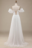 Ivory Simple A Line Off The Shoulder Boho Chiffon Ruched Wedding Dress