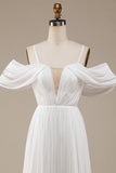 Ivory Simple A Line Off The Shoulder Boho Chiffon Ruched Wedding Dress