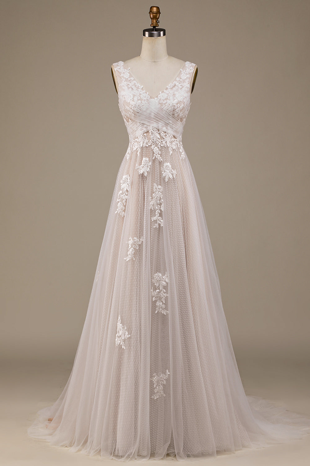 Ivory A Line Tulle Sweep Train Wedding Dress with Lace